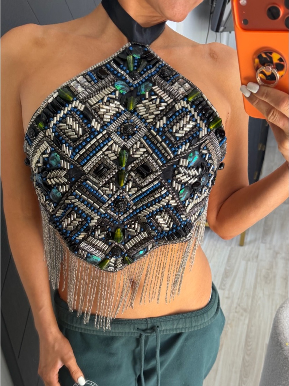 Topshop Beaded Halter Camisole in Blue, Black & Silver with Fringe